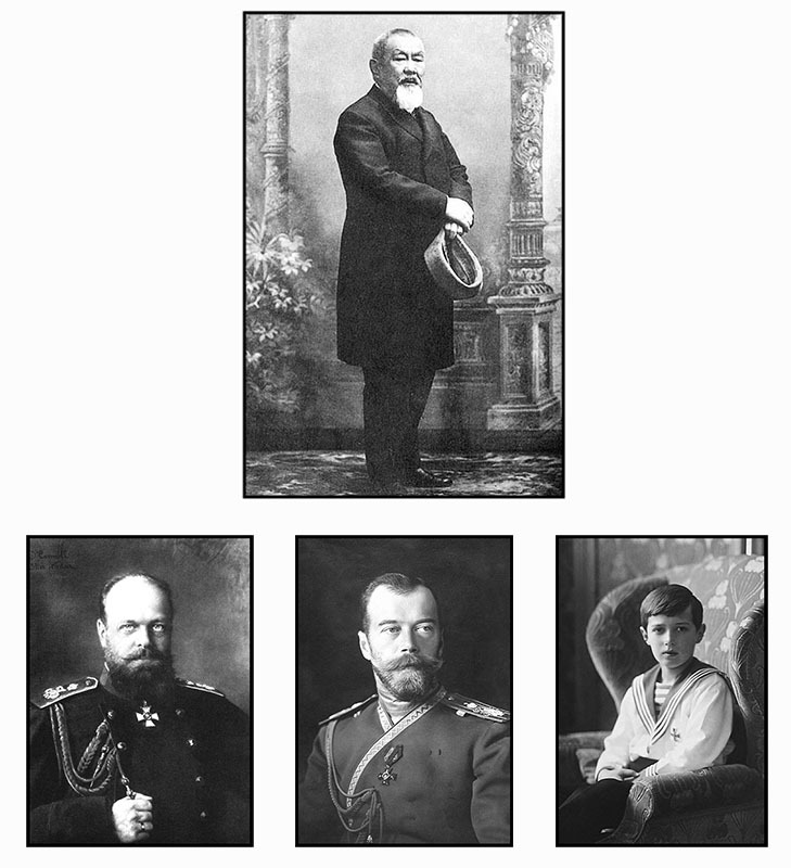 Петр Бадмаев (сверху), Слева направо: Александр III, Николай II и его сын — цесаревич Алексей