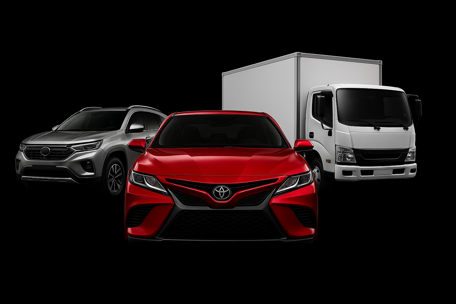 красная легковая машина, серый внедорожник и белый грузовик на черном фоне, авторынок VL AM Владивосток, выкуп и продажа авто