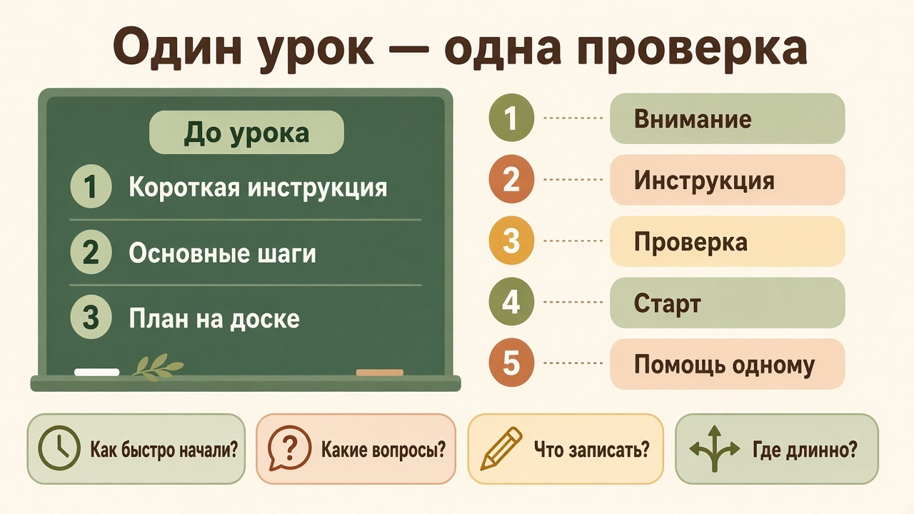 До урока на доске короткая инструкция и шаги, на уроке внимание, проверка, старт и помощь одному