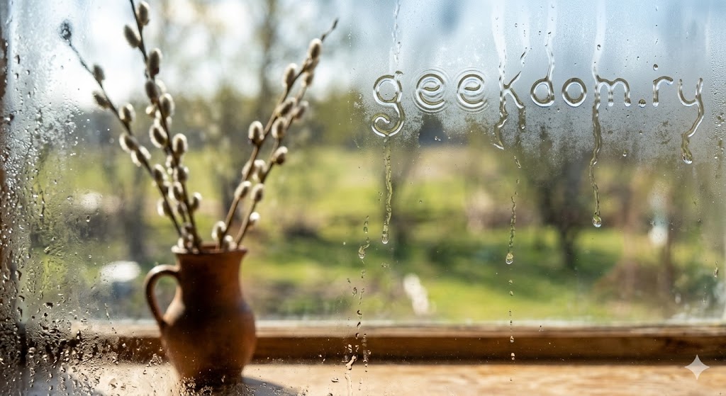 Тающий снег на стекле в день весеннего равноденствия.