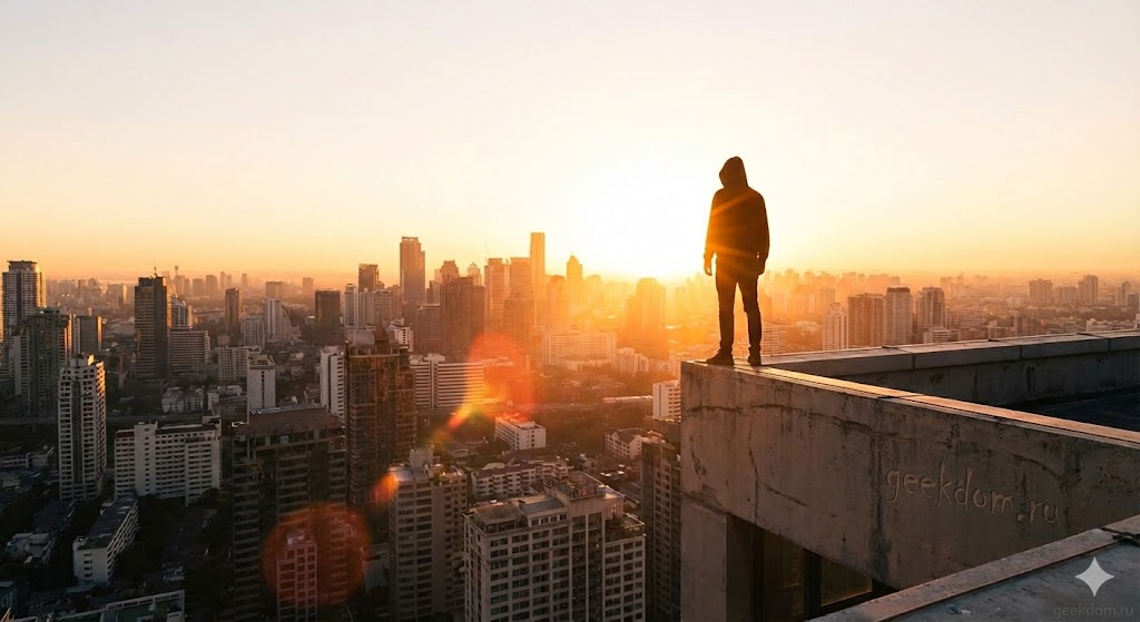 Силуэт человека на крыше на фоне восходящего солнца в День оптимиста