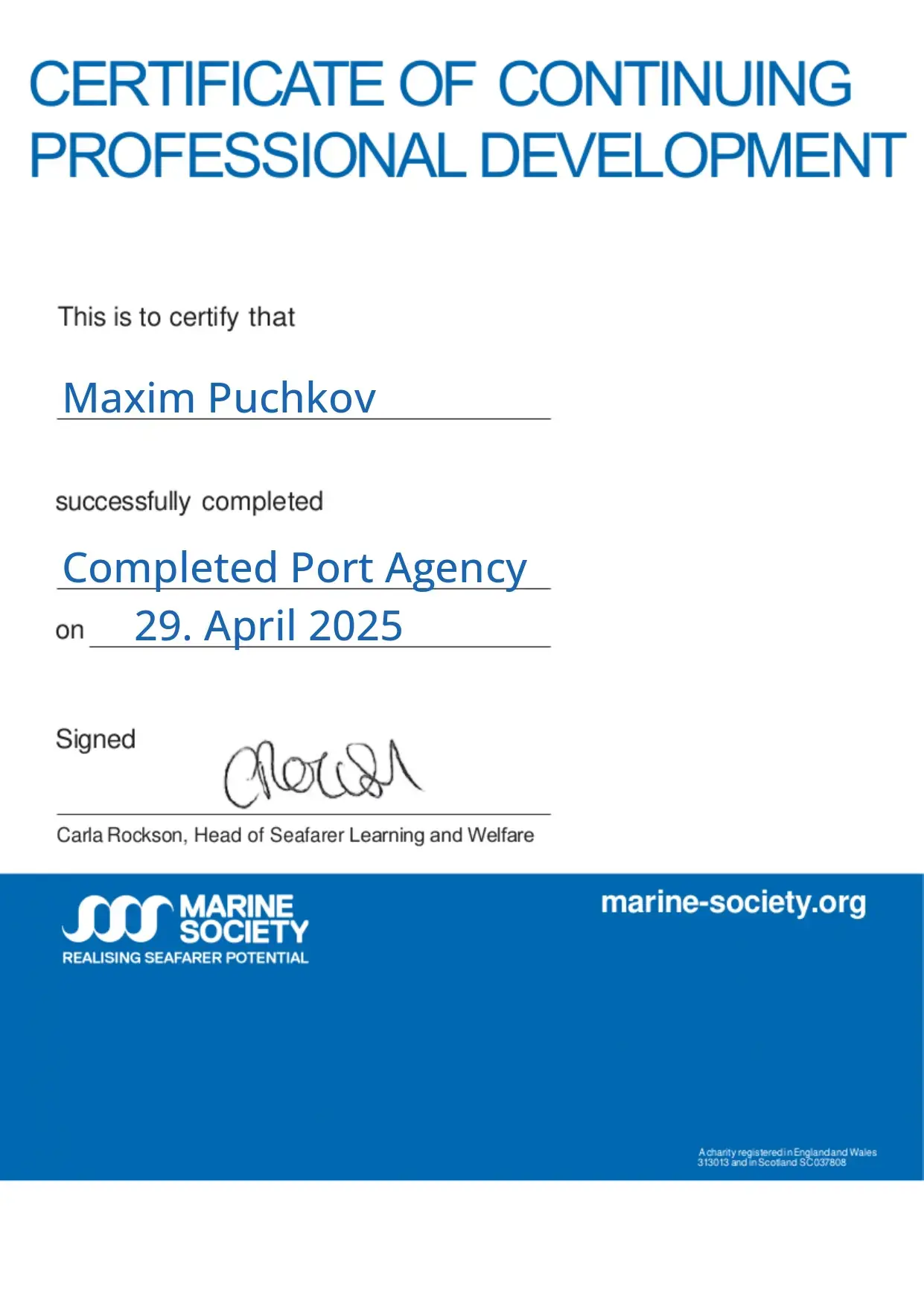 Port agency service professional certificate