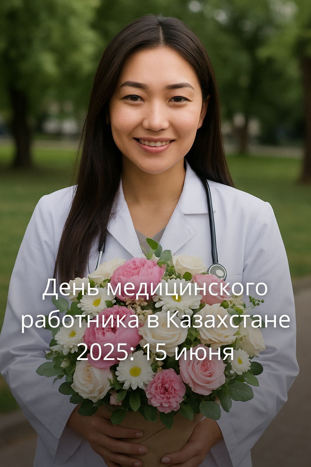 День медицинского работника в Казахстане 2025: 15 Июня Девушка доктор с цветами