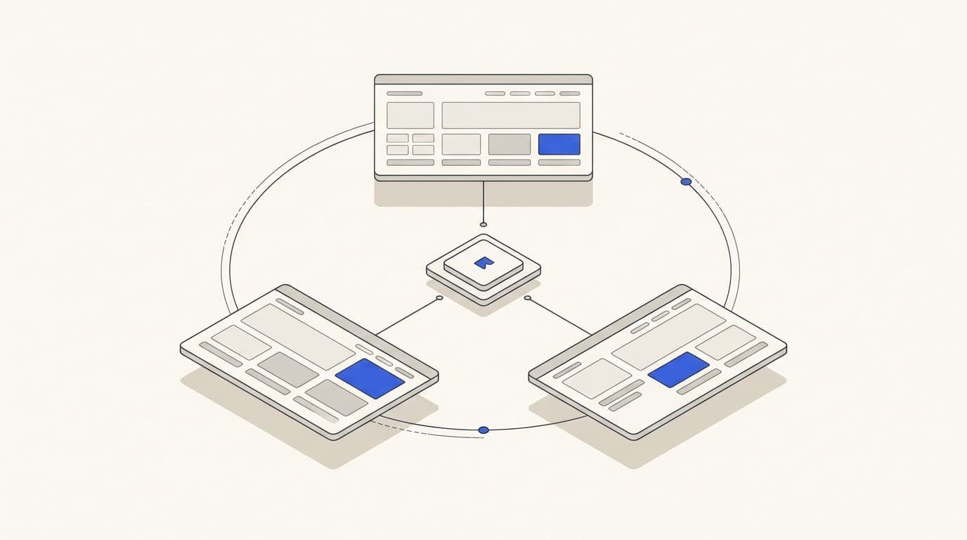 Three matching website panels linked to a shared content tile and a synchronisation loop.
