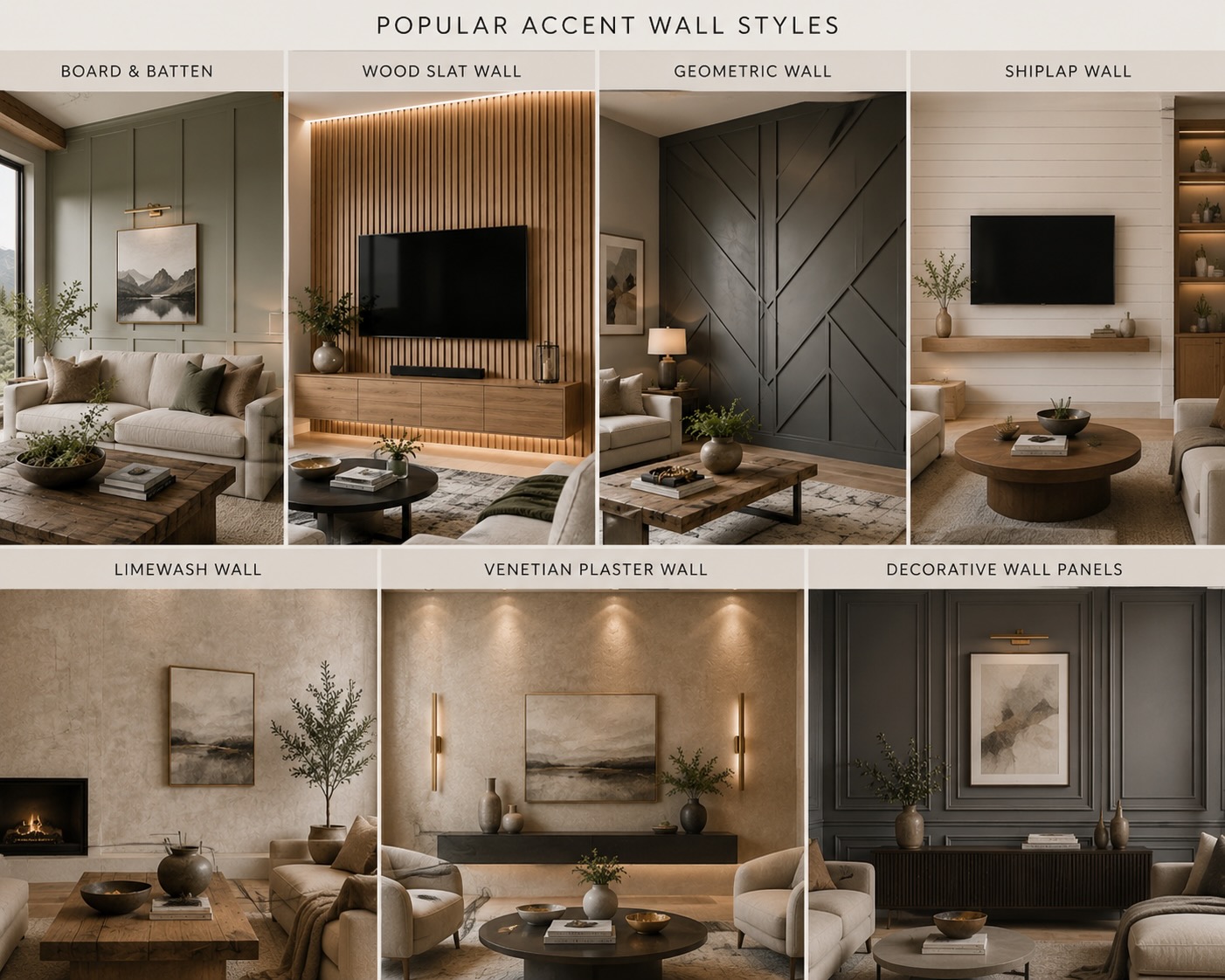 Editorial comparison of board and batten, wood slat, geometric, shiplap, limewash, Venetian plaster, and decorative wall panel designs.