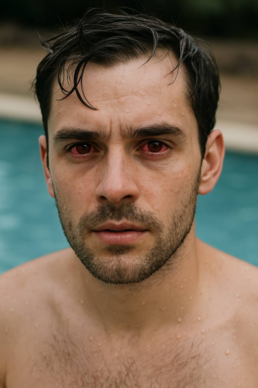 Man with red eyes after pool