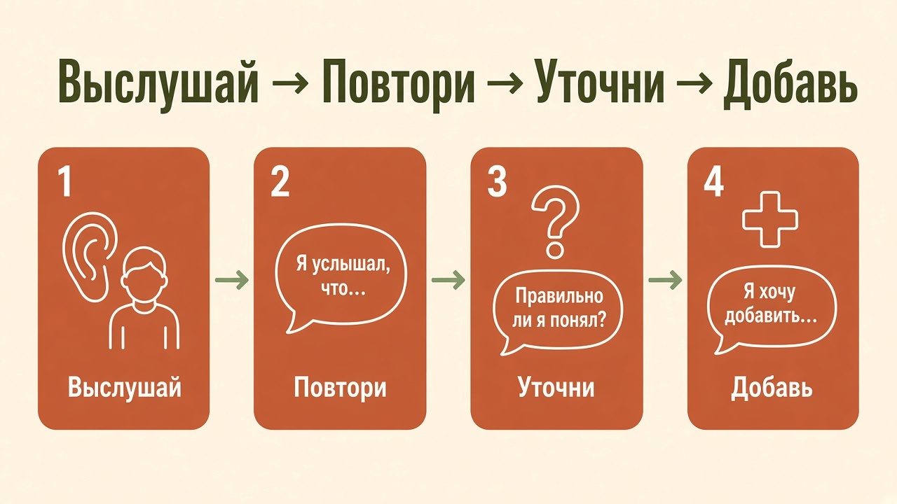Четыре шага: выслушай, повтори, уточни, добавь