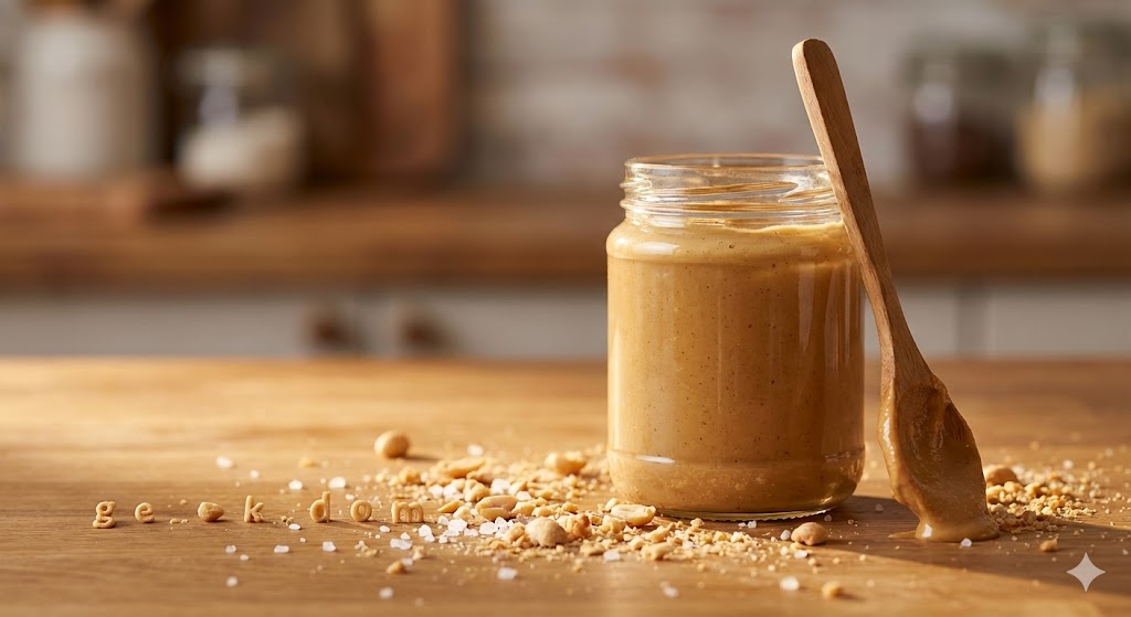 Стеклянная банка с домашней арахисовой пастой и деревянной ложкой