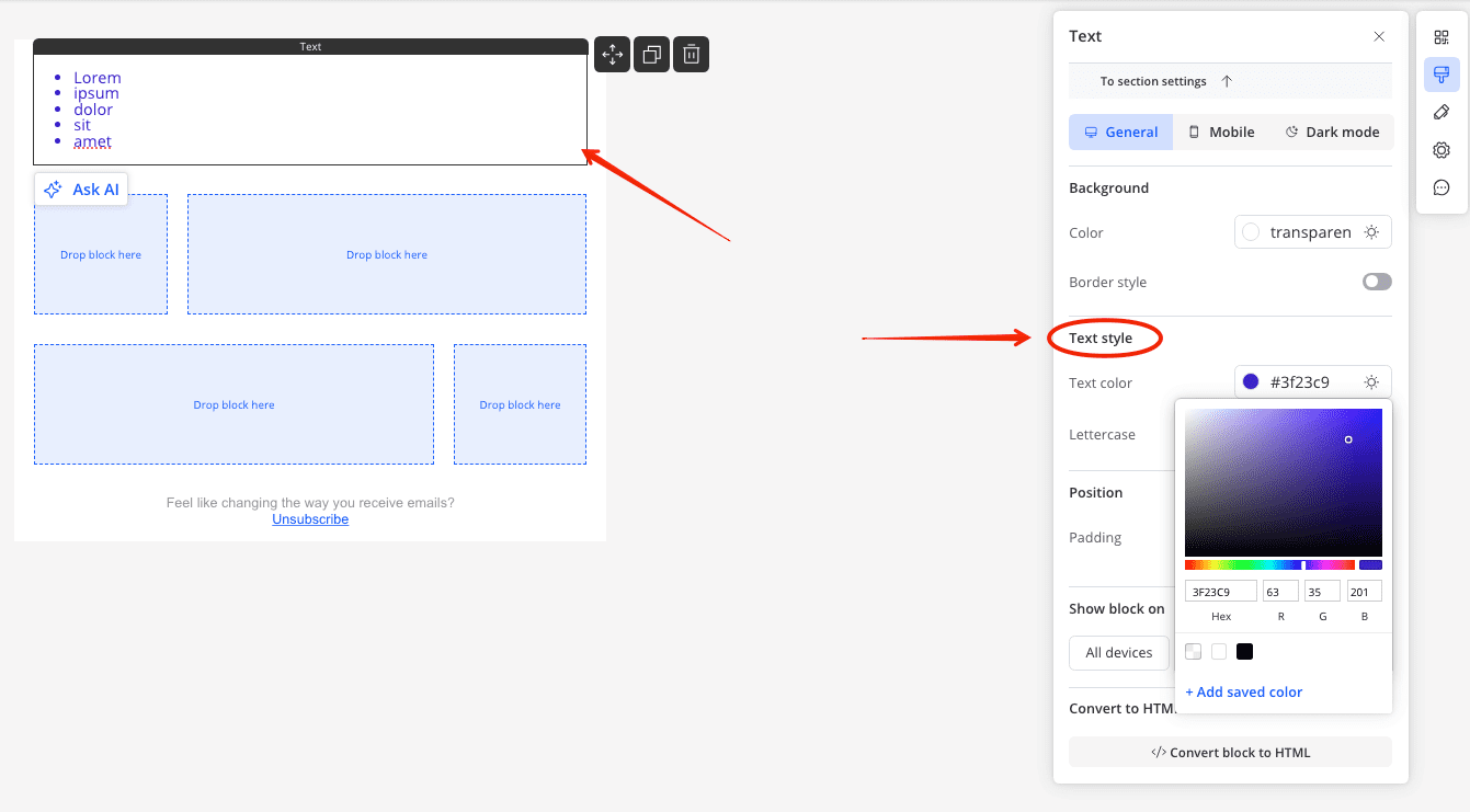 Set up color for list in text settings