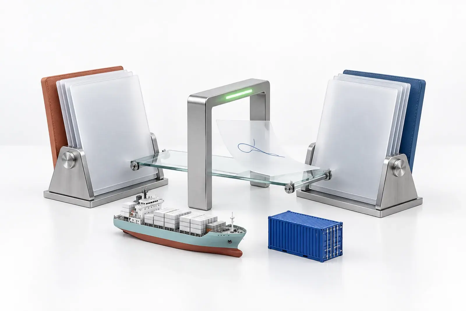Concept illustration of a shipping document passing through an authorized transfer process.