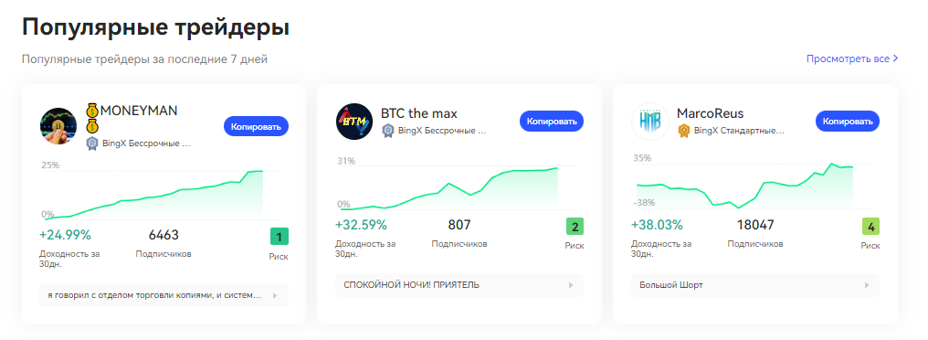 страница копитрейдинга BingX, статистика трейдеров BingX