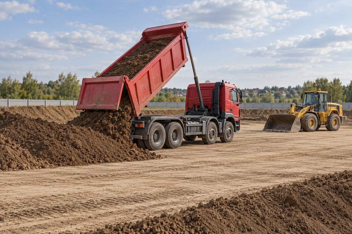 Самосвал выгружает грунт на подготовленной площадке приёма