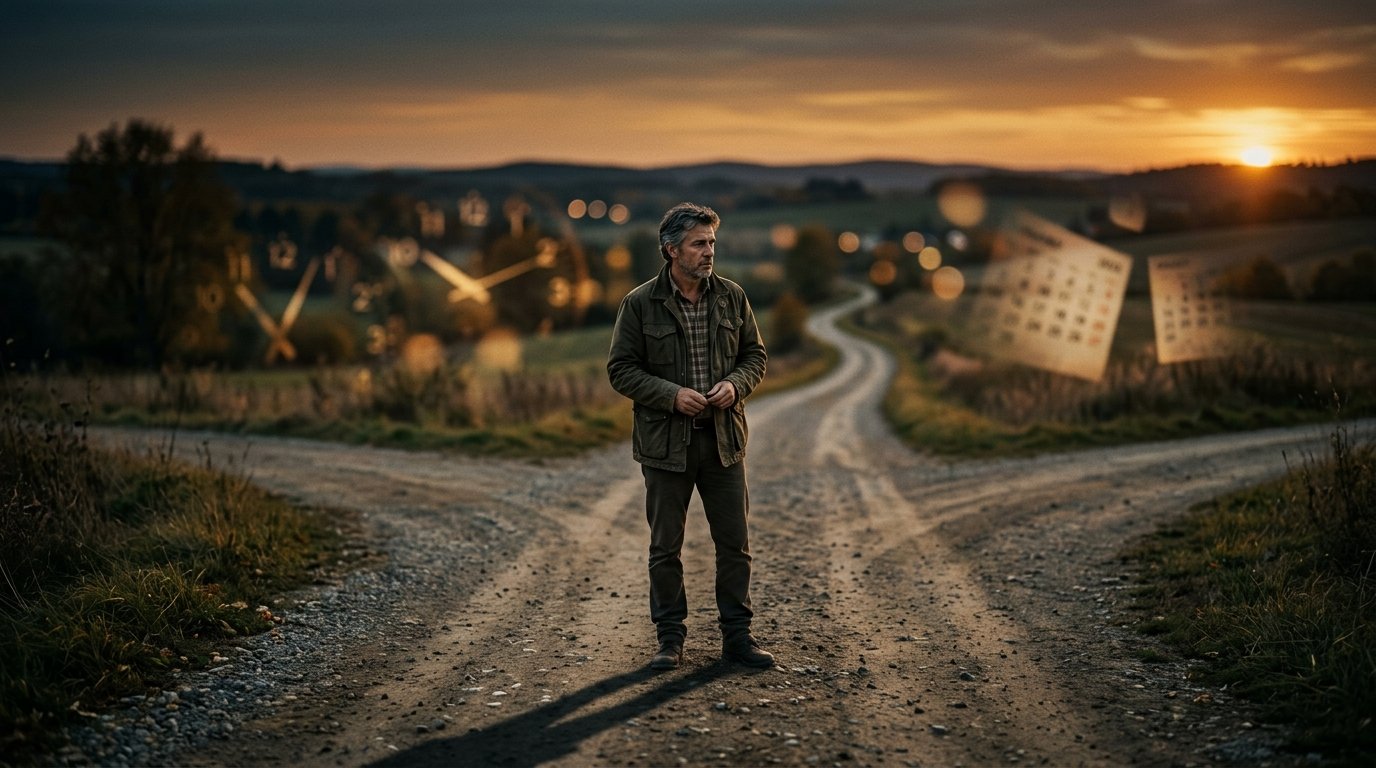 Мужчина стоит на перекрёстке дороги в сумерках — символ жизненного выбора и неопределённости в среднем возрасте