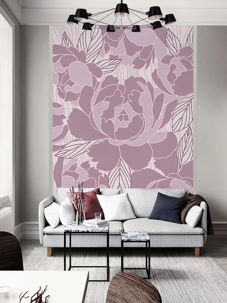 Светло-розовые обои пионы в интерьере, ширина 2 метра