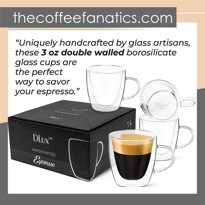 DLux Coffee cups 3oz Borosilicate Cups with Handle Pack of 2