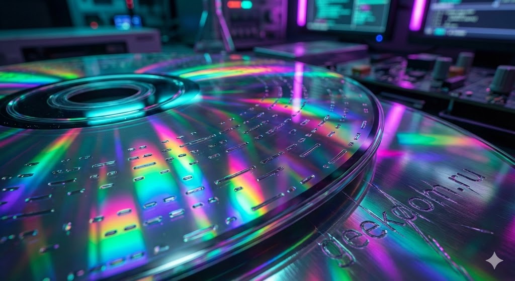 Макросъемка поверхности компакт-диска с радужными переливами в честь дня рождения CD