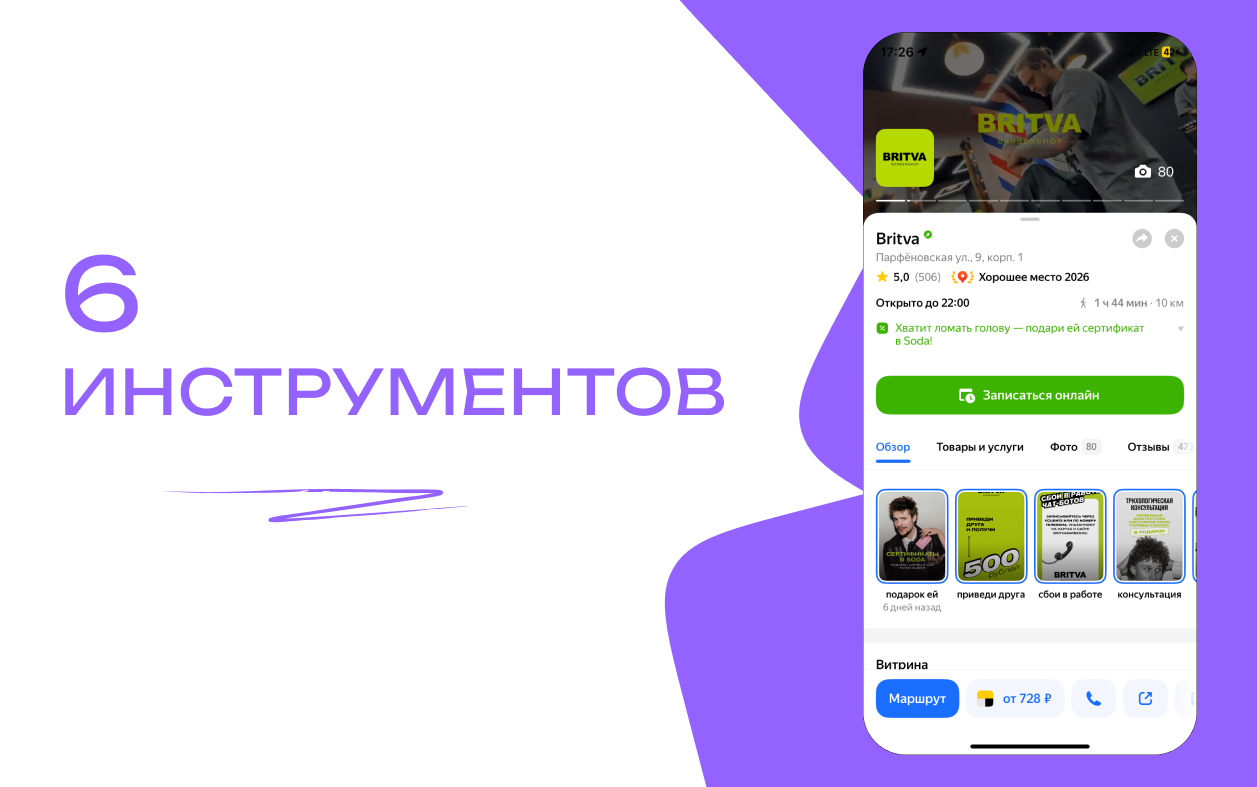 Пример полностью оптимизированной карточки компании на Яндекс.Картах: логотип, акции, витрина товаров, кнопки действия