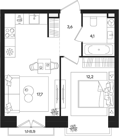 2‑комн квартира ~39 м²