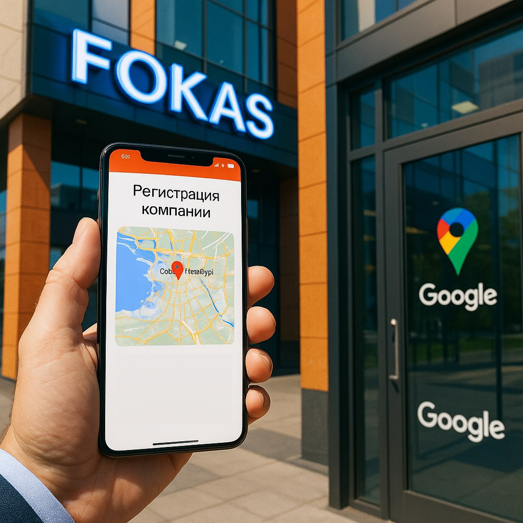 Регистрация компании в Google Картах в Санкт-Петербурге — смартфон и вывеска FOKAS