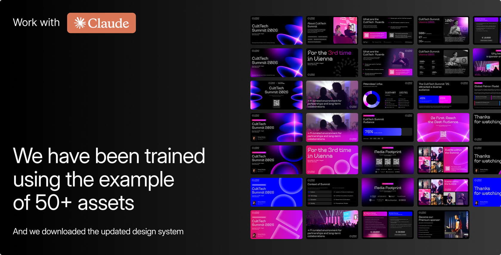 Dozens of CultTech Summit slides generated with Claude Design from one trained design system