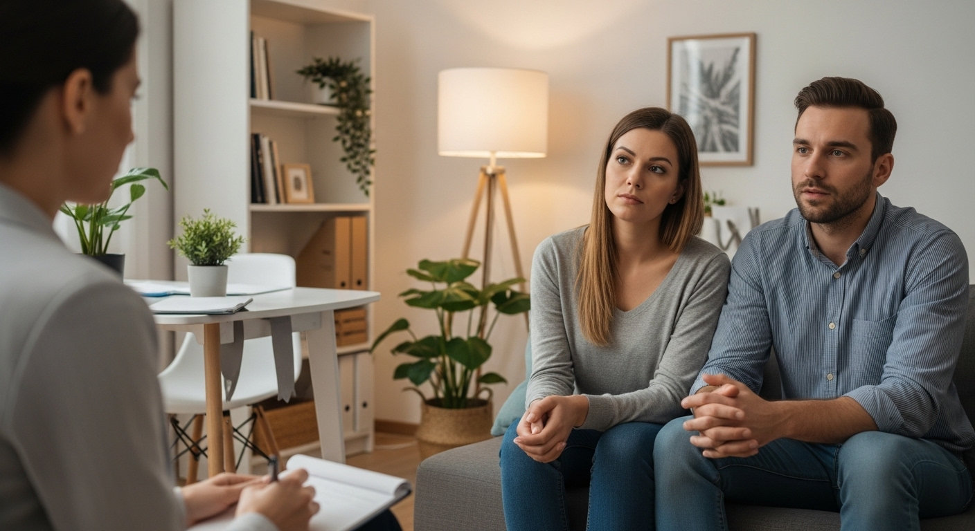 Пара на приёме у семейного психолога в уютном кабинете — супруги сидят рядом и разговаривают с терапевтом во время сеанса семейной терапии