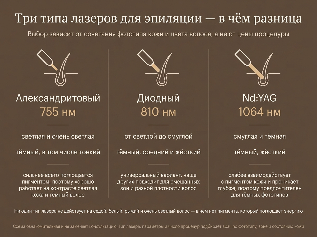 Александритовый, диодный и Nd:YAG лазеры: для каких типов кожи и волос применяется каждый