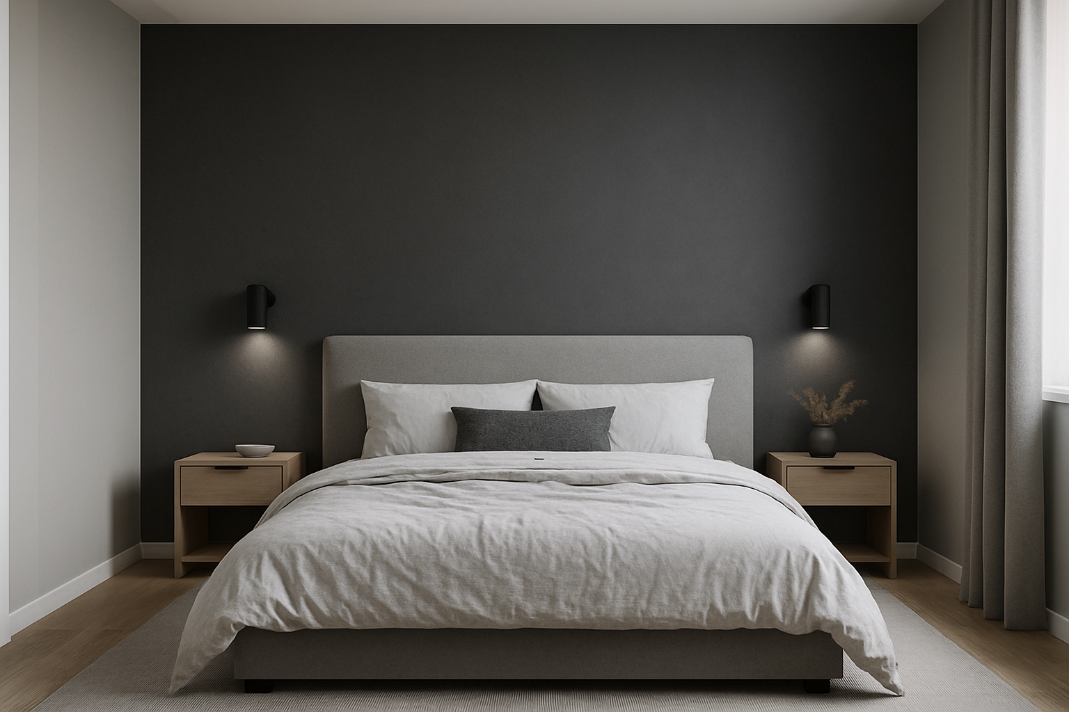 Монохромная спальня с акцентной стеной за изголовьем кровати
