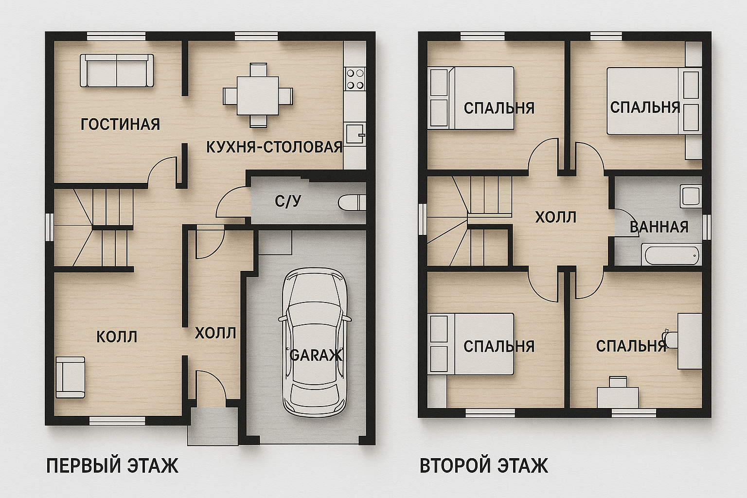 Планировка двухэтажного дома с указанием всех помещений