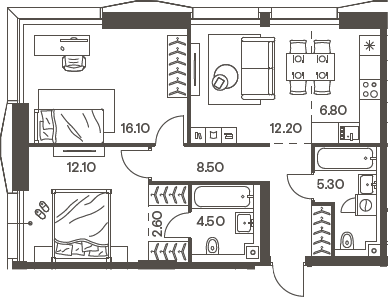 3-комн 72,5 м²