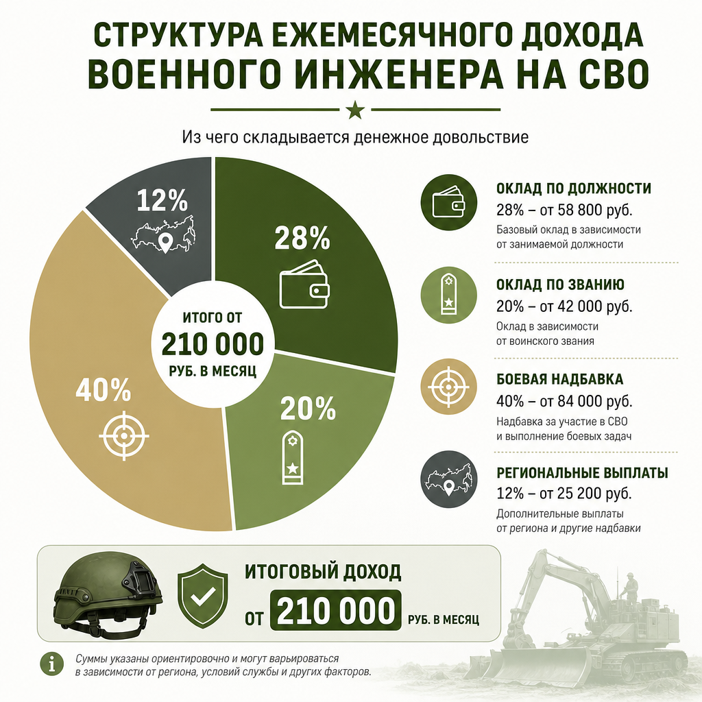 Инфографика — структура ежемесячного дохода военного инженера на СВО: круговая диаграмма с долями оклада по должности, оклада по званию, боевой надбавки, региональных выплат и итоговой суммой от 210 000 руб.