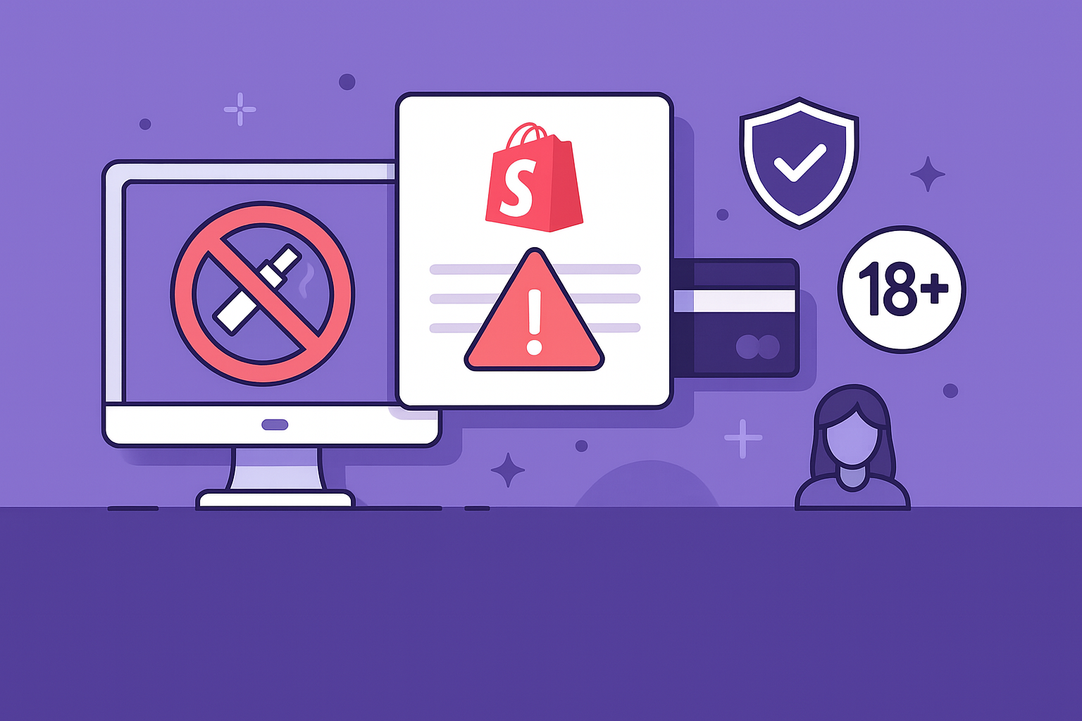 Flat-style digital illustration of a vape and CBD merchant using a laptop, symbolizing compliance and secure payment setup for high-risk Shopify stores in the UK