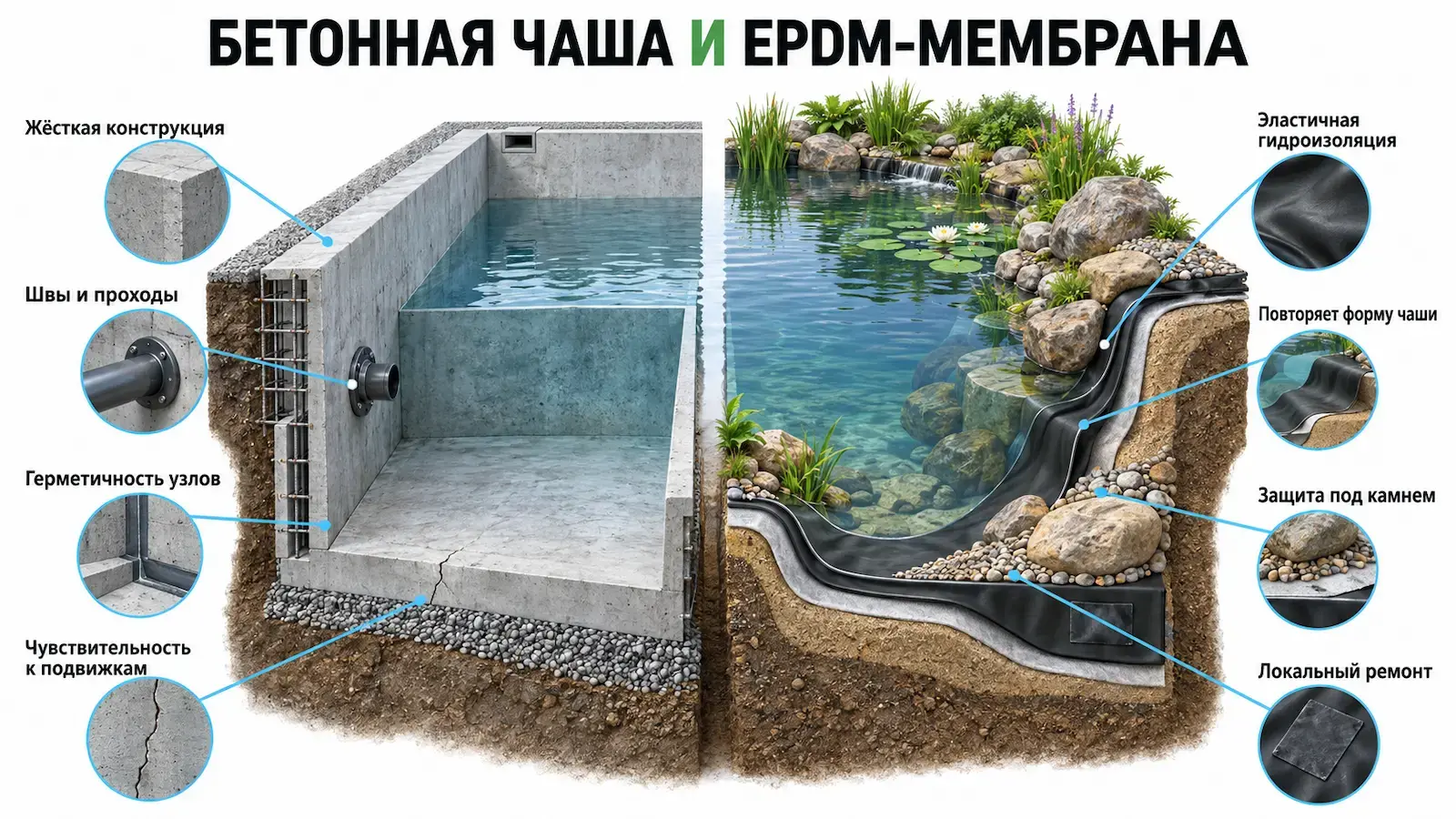 Устройство бетонной чаши и пруда с EPDM-мембраной
