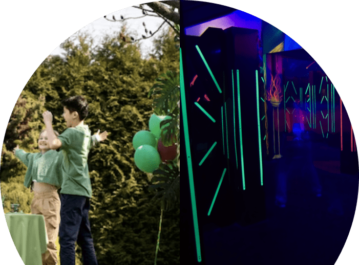 Дети играют в лазертаг на улице и в помещении