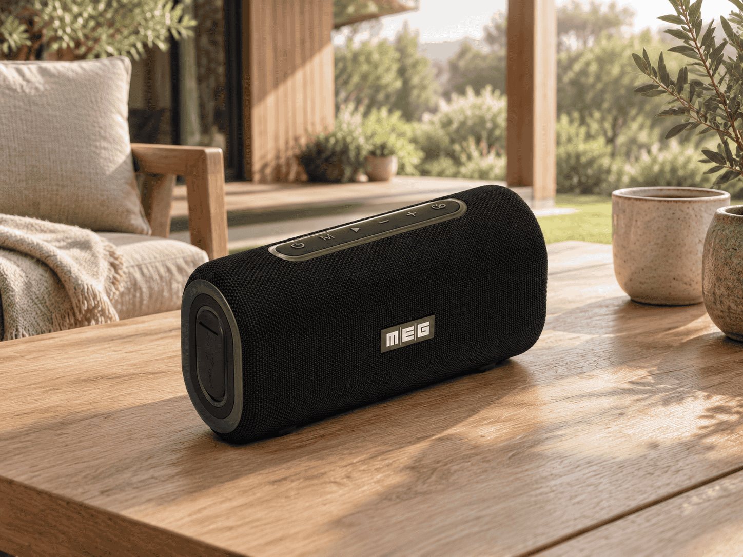 Портативная Bluetooth-колонка MEG на веранде загородного дома
