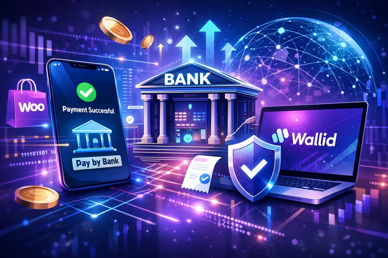 Futuristic illustration of WooCommerce checkout with pay-by-bank payment confirmation, digital bank interface, and Wallid branding representing modern automated bank payments.