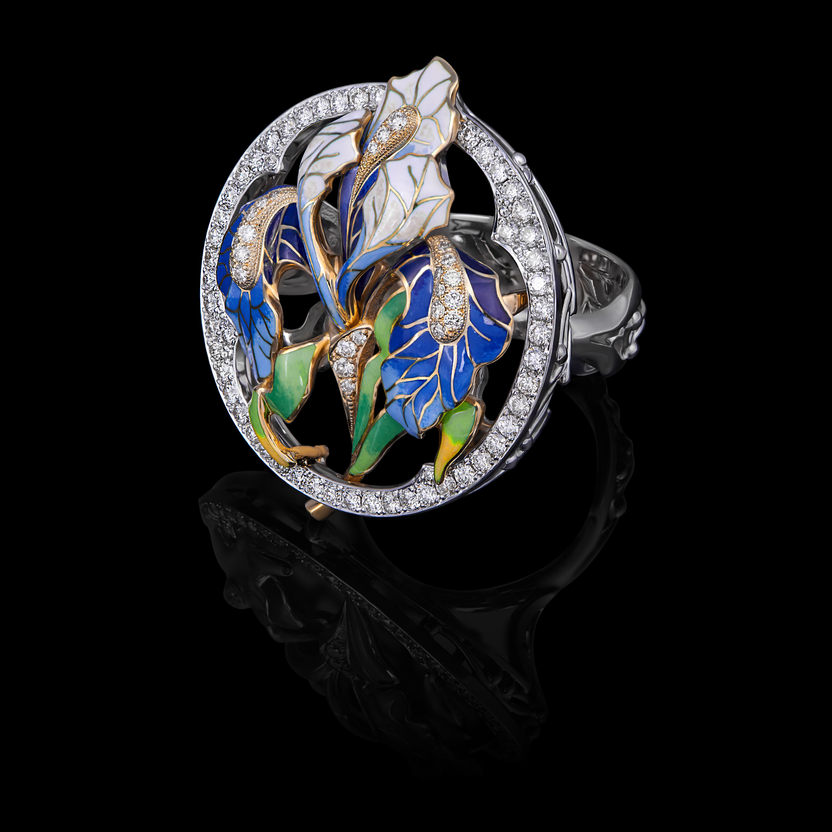 Камень финифть. Ирис кольцо с эмалью. Современные ювелирные украшения. Витражная эмаль в ювелирных украшениях. Кольцо ирисы.