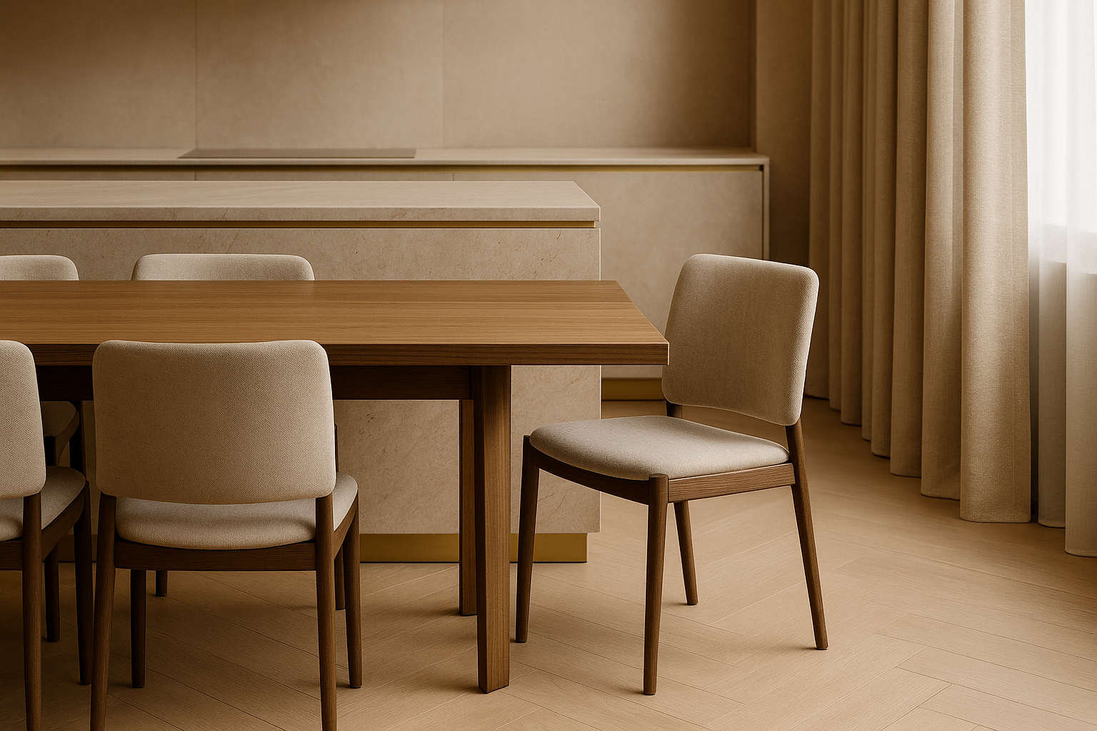 Обеденная зона крупным планом: стол 240×100 см, мягкие стулья, рядом остров с латунными вставками