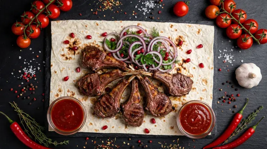 Шашлык с луком, зеленью и соусом для заказа с доставкой