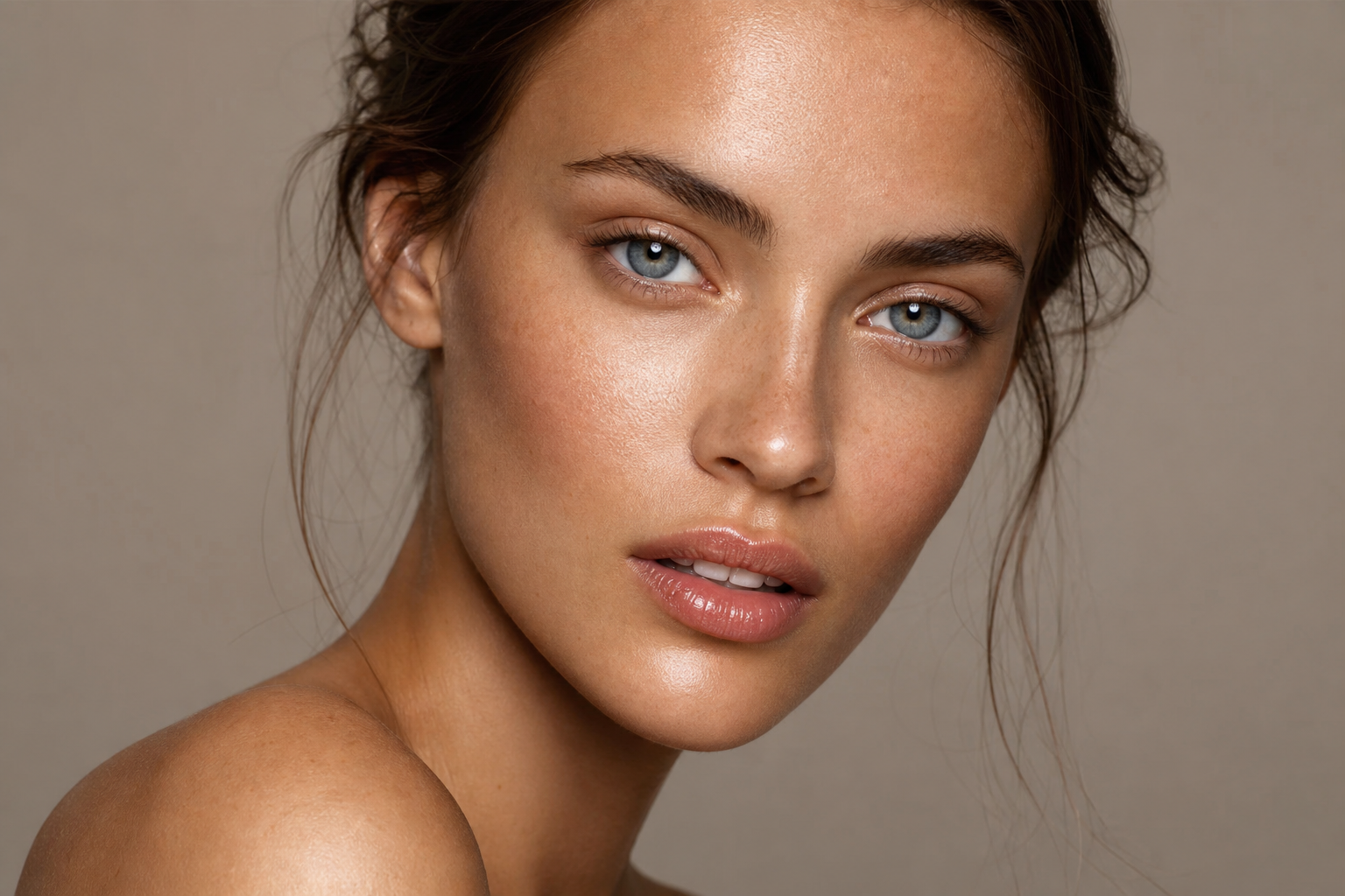 Beauty-съёмка: крупный портрет с безупречной кожей и макияжем при мягком студийном свете