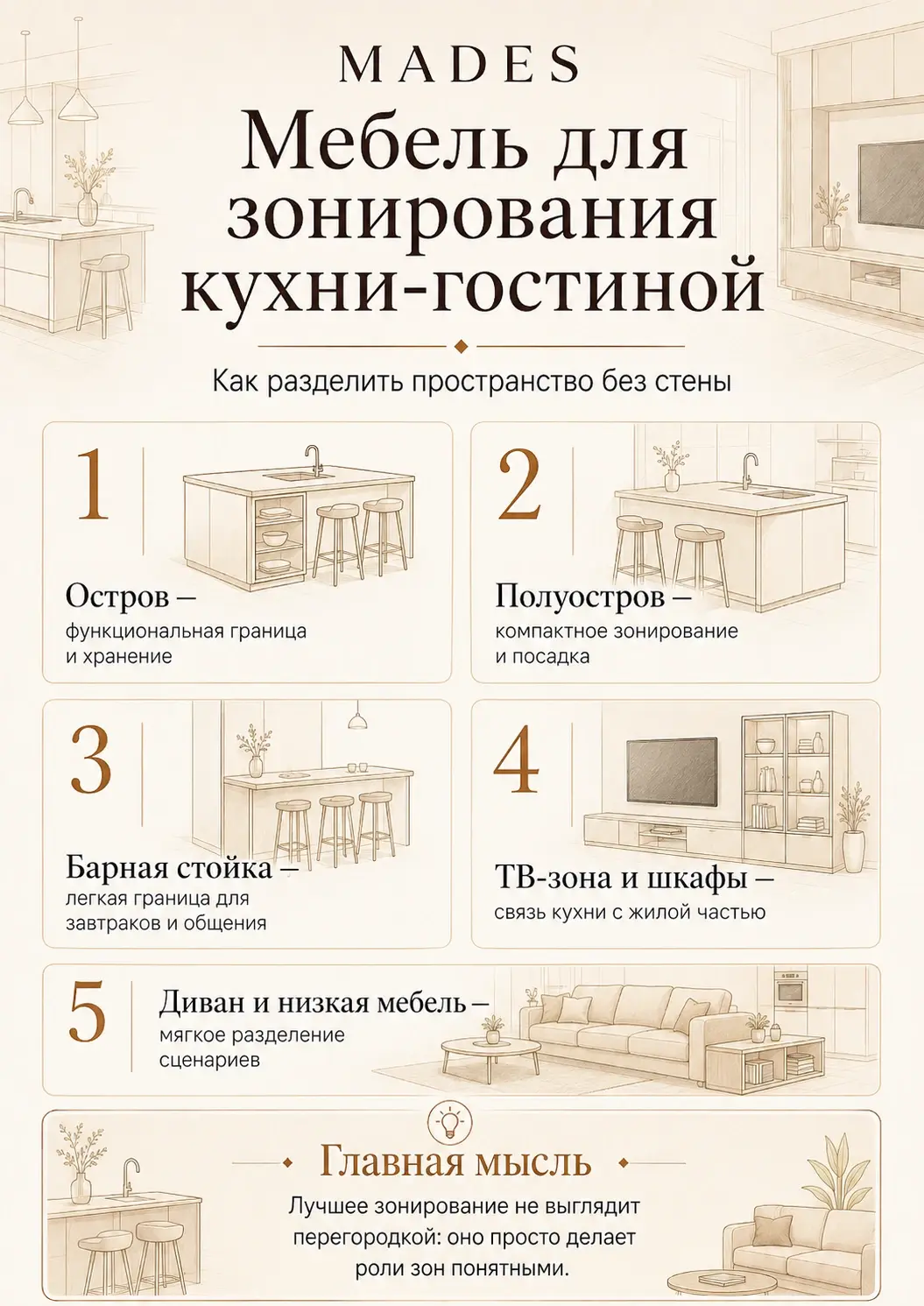 Мебель для зонирования кухни-гостиной без перегородки