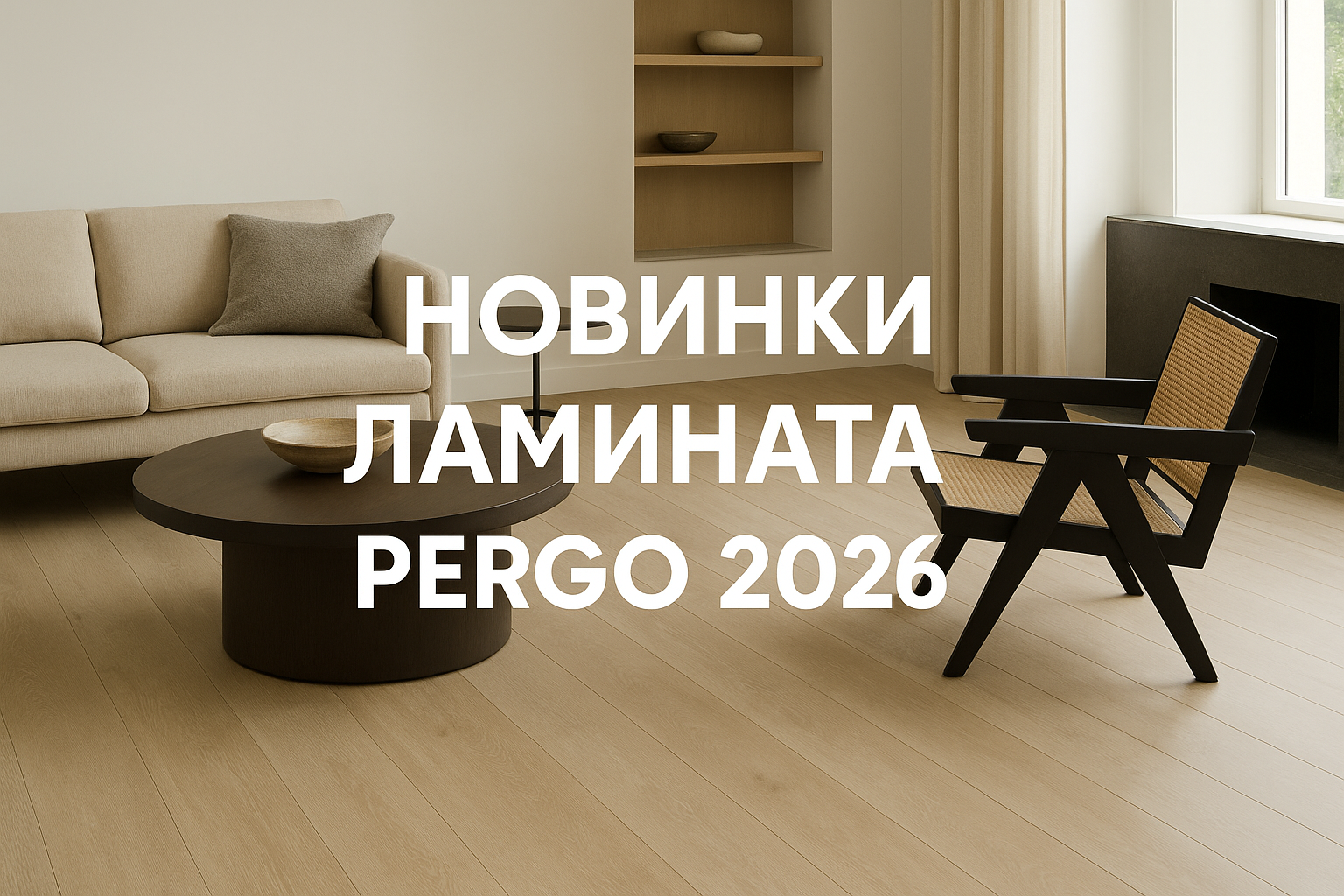 Стильный современный интерьер с тёплым светлым полом из ламината Pergo, на переднем плане мягкий бежевый диван и дизайнерское кресло, по центру надпись “Новинки ламината Pergo 2026”. Реалистичный пример, как выглядят новые декоры Pergo в жилой гостиной, и