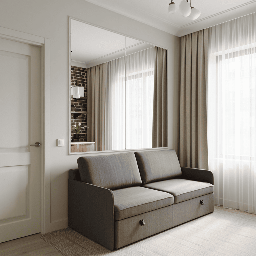 Дизайн изолированной гостиной в хрущевке без перепланировки. Визуальное расширение пространства маленькой комнаты 45 м² с помощью большого зеркала над диваном. Светлый интерьер двухкомнатной квартиры в современном стиле.