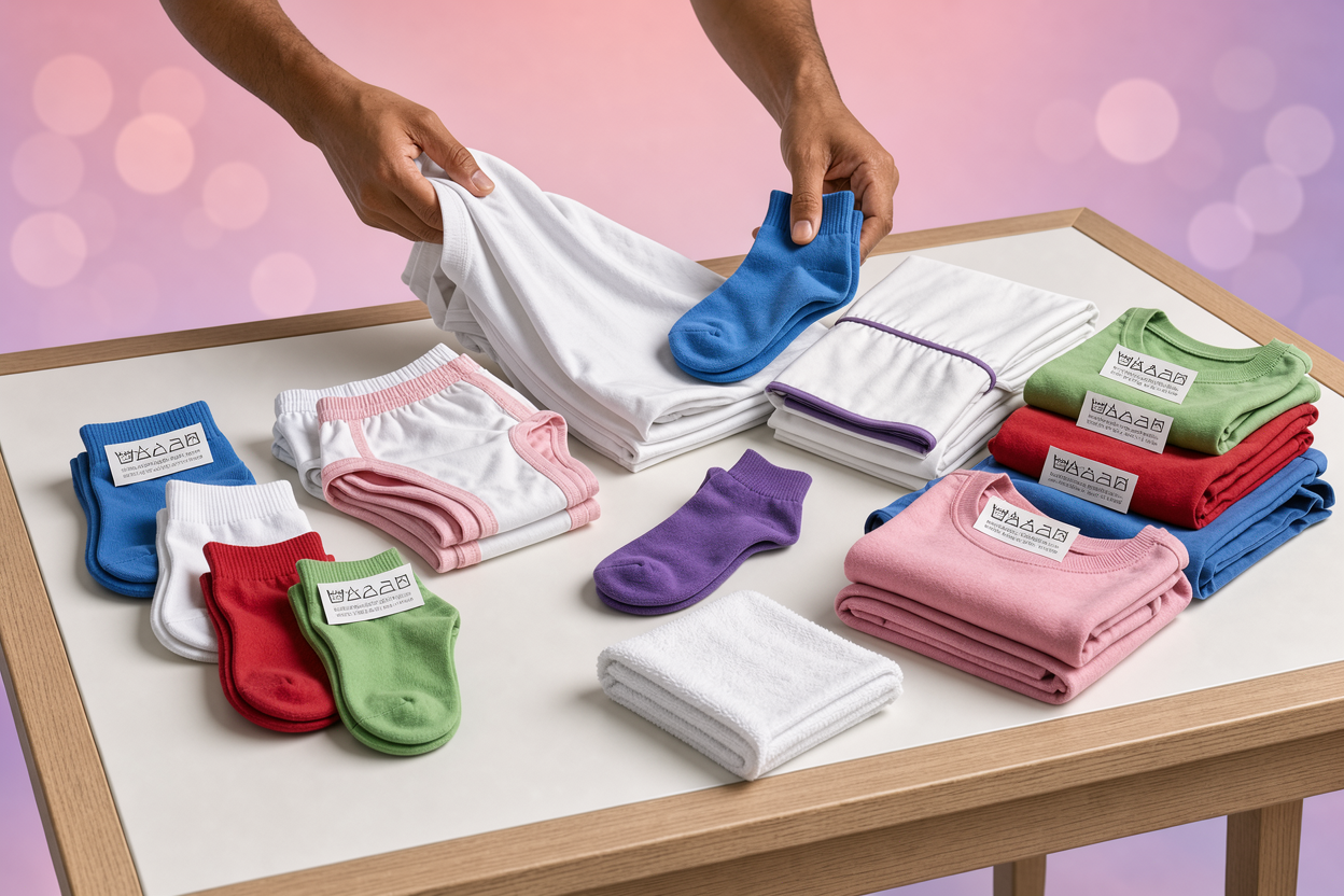 Hands sorting clean laundry on a wooden table, separating socks, underwear, bed linen and casual clothes, care labels visible but no packaging or cleaning products