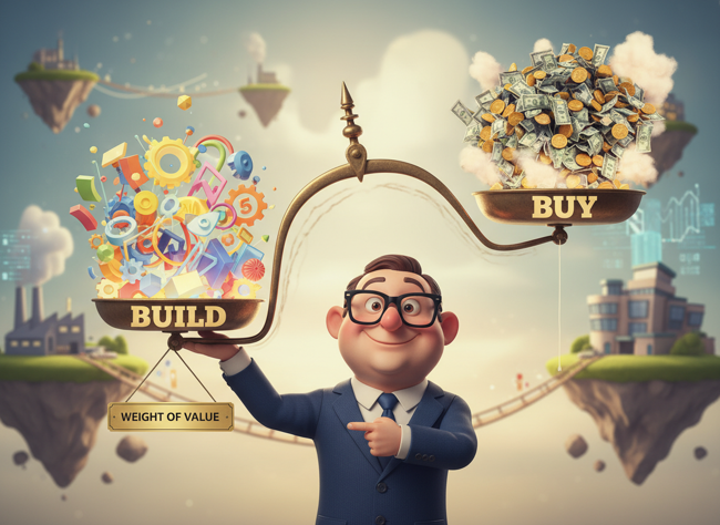 Cartoon of a man beneath a scale showing build vs buy