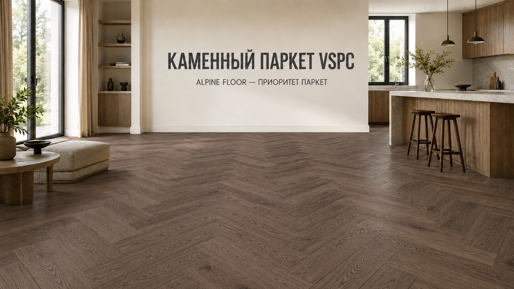 Каменный паркет VSPC Alpine Floor Приоритет Паркет с натуральным шпоном дуба в раскладке английская ёлка в интерьере кухни-гостиной.