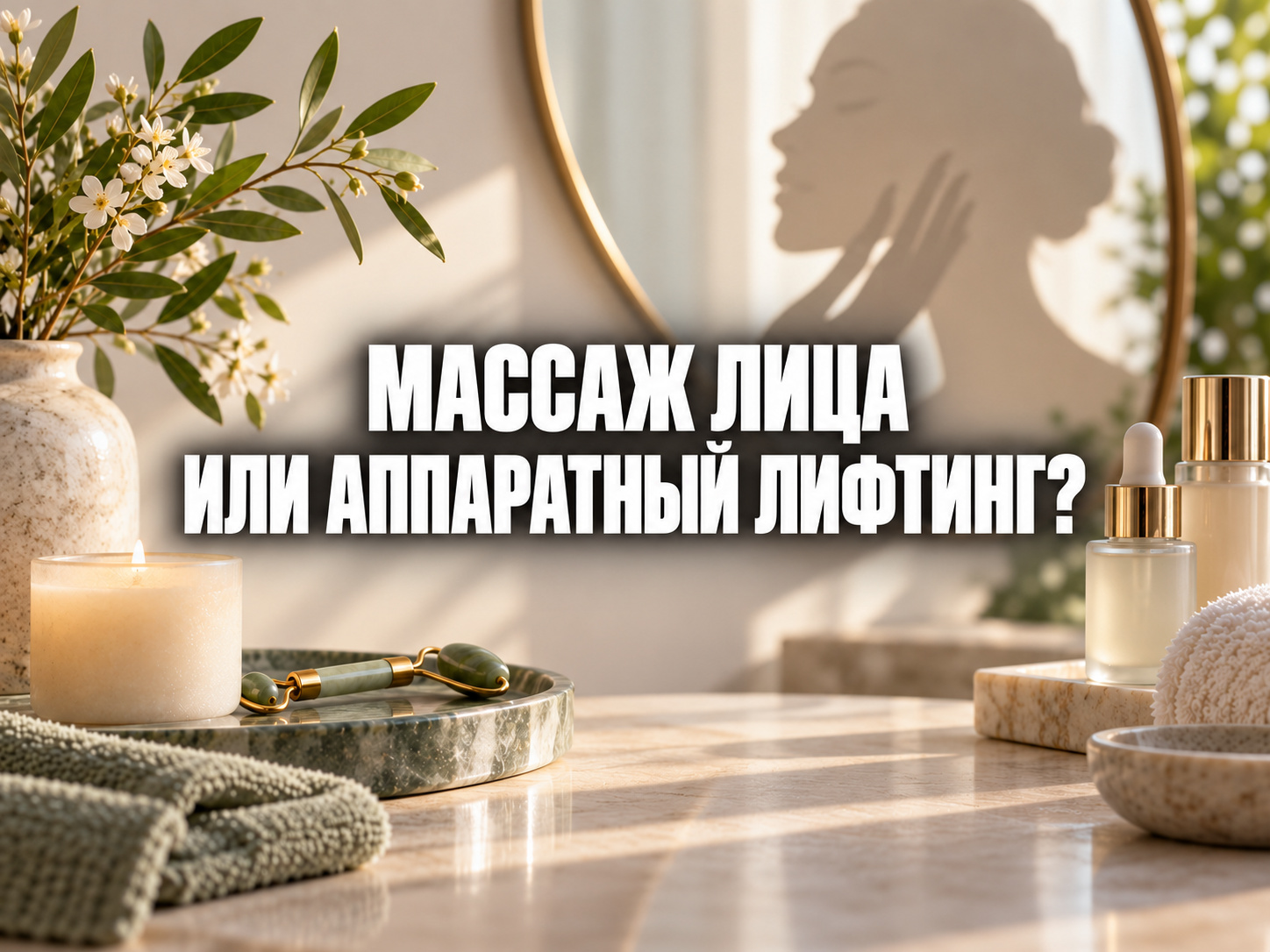 Тёплая спа-композиция с отражением лица, цветами и средствами ухода; по центру фраза «МАССАЖ ЛИЦА ИЛИ АППАРАТНЫЙ ЛИФТИНГ?»