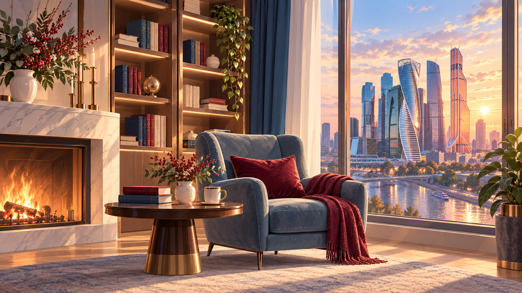 Contemporary reading room with a view of Moscow City skyscrapers