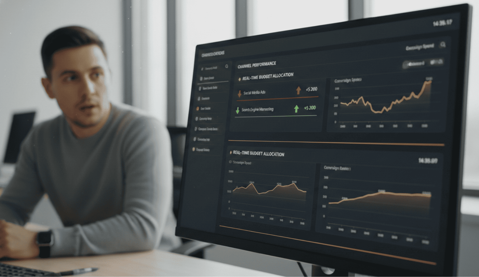 Minora AI enterprise marketing platform dashboard showing autonomous campaign results with multi-channel budget allocation and ROI trend data for a Central Asia market.