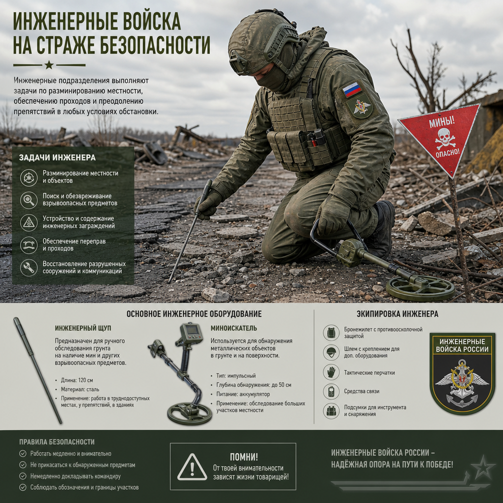 Военный инженер в полевых условиях работает с инженерным оборудованием — щупом и миноискателем на фоне разрушенной дороги; на нём боевая экипировка с нашивками инженерных войск России