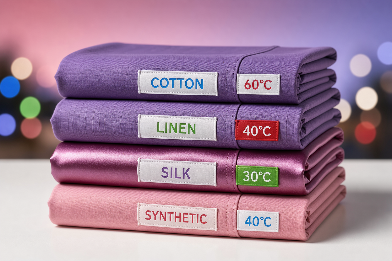 Stack of bed linens with visible fabric labels: cotton, linen, silk, synthetic; small temperature tags attached to each item
